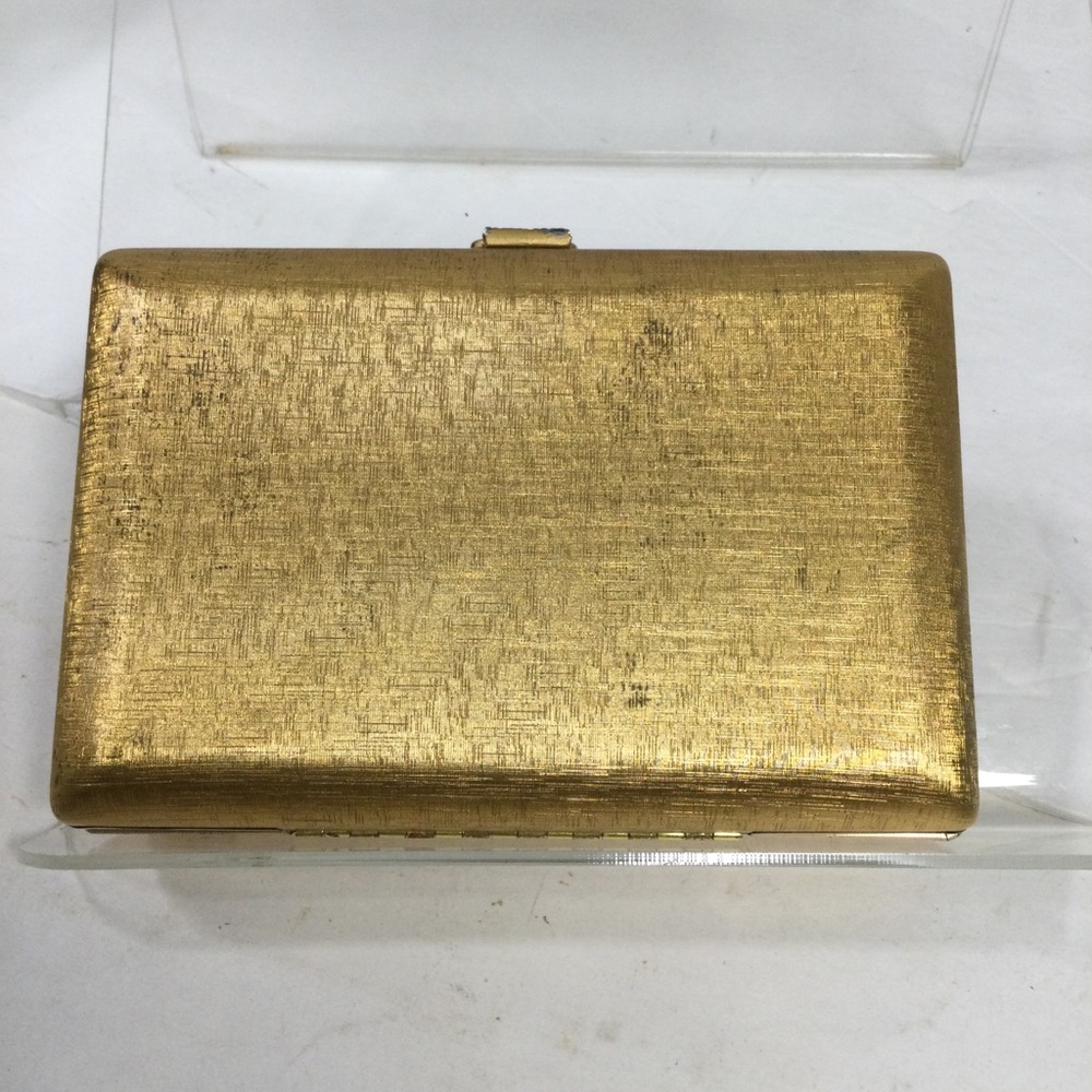 VTG 1950s Du Barry Textured Gold Metal Rectangular Purse Rhinestone Buckle Clasp